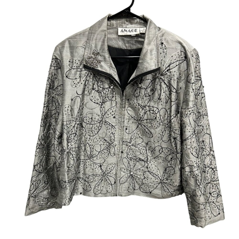 Anage Womens Silver Silk Embroidered Jacket Black Floral Design Sz Large
